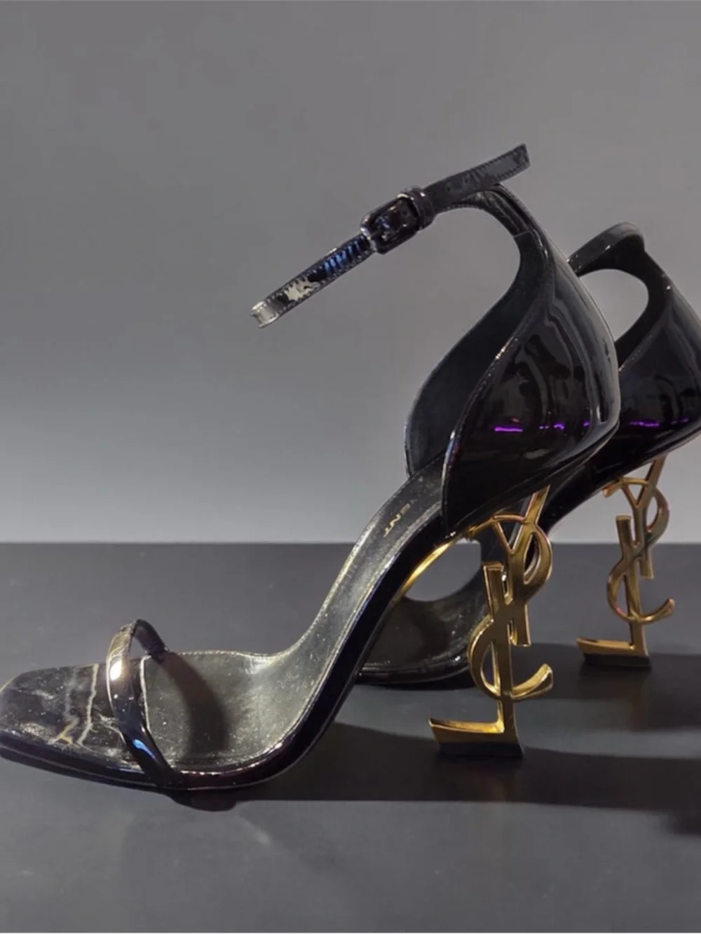 Saint Laurent Black Patent Leather Heeled Sandals with Gold YSL Logo Heel - Picture 1 of 1
